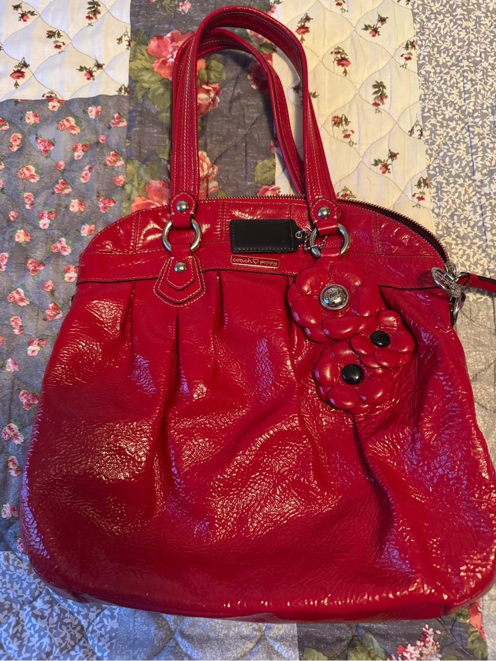 Coach 16491 Vtg Y2K Poppy Red Patent Leather Floral Domed Satchel